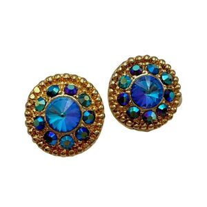 Vintage Peacock Aurora Borealis AB Rhinestone Gold Medallion Costume Earrings
